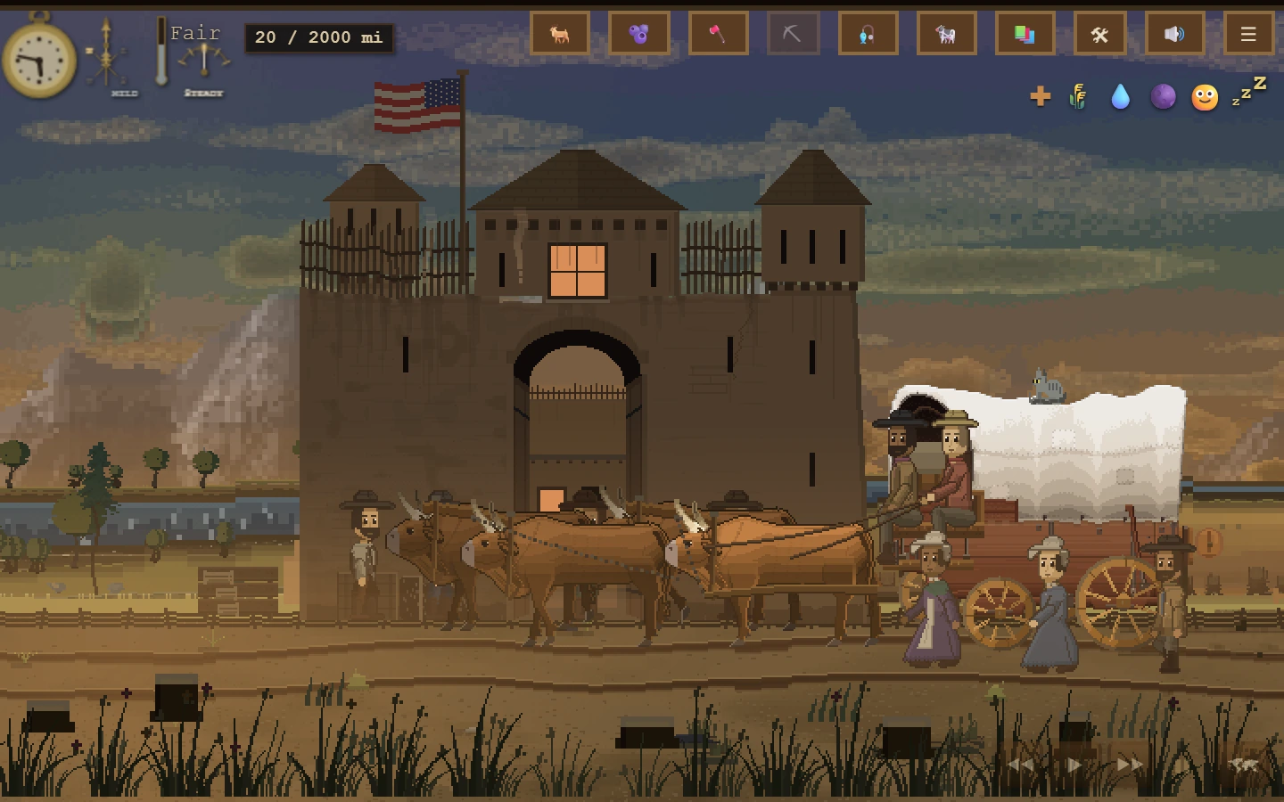 Fort Laramie on a fall evening, snow on the range and the grass gone dun, under a three-tier sunset sky.