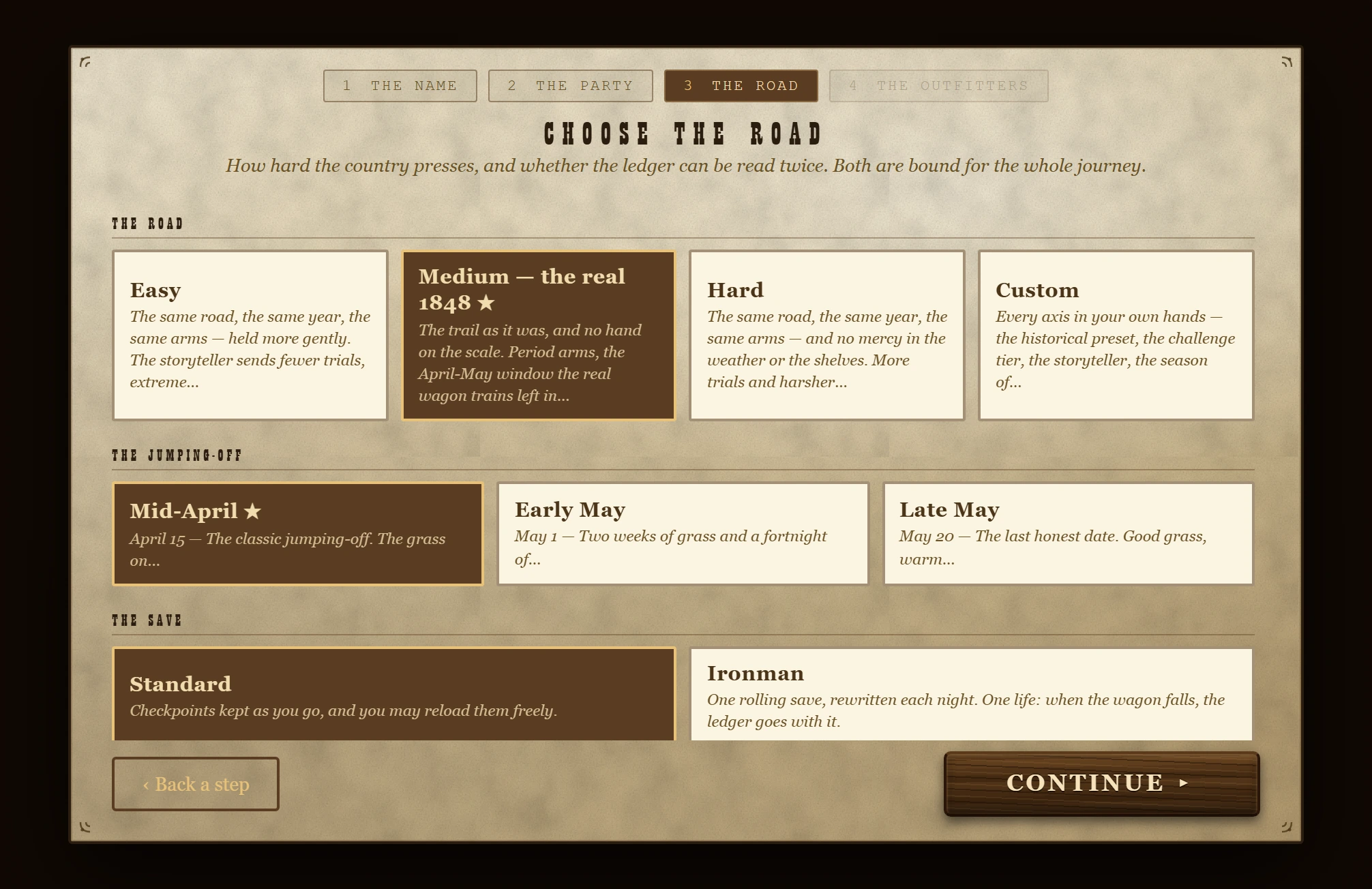 The pre-launch settings page: the road ladder from Easy to Custom, the jumping-off season and the save.